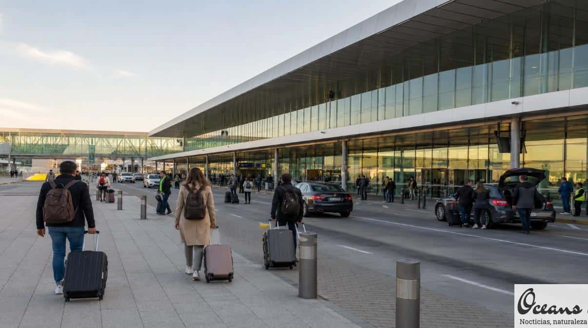 Viajeros llegando con equipaje al aeropuerto de Barcelona